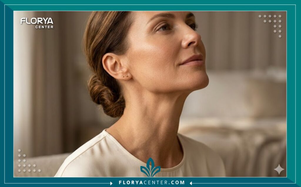 لقطة مقربة تبرز فعالية حقن الراديس في تحديد الفك السفلي بقوة وشد جلد الرقبة المترهل.