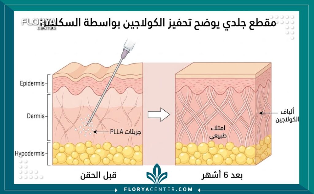 مخطط طبي يوضح آلية عمل السكلبترا في تحفيز الكولاجين وشد الجلد