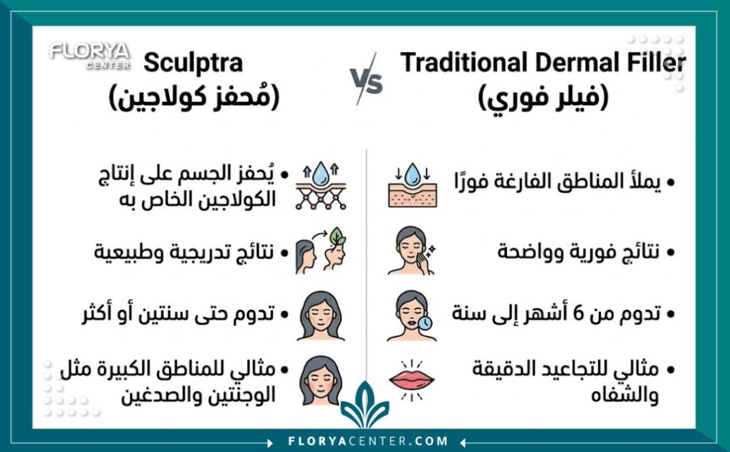 إنفوجرافيك يقارن بين السكلبترا كمحفز للكولاجين والفيلر العادي لشد الوجه
