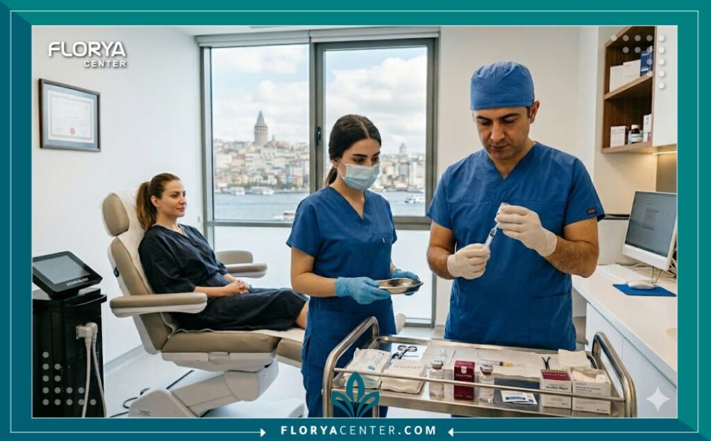 داخل عيادة تجميل في اسطنبول تركيا، طبيب يحضر حقنة سكلبترا