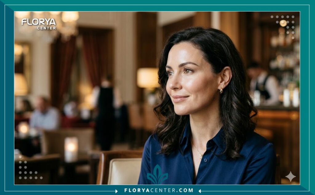 امرأة تظهر نتائج طبيعية ومشدودة بعد حقن السكلبترا في الوجنتين والصدغين