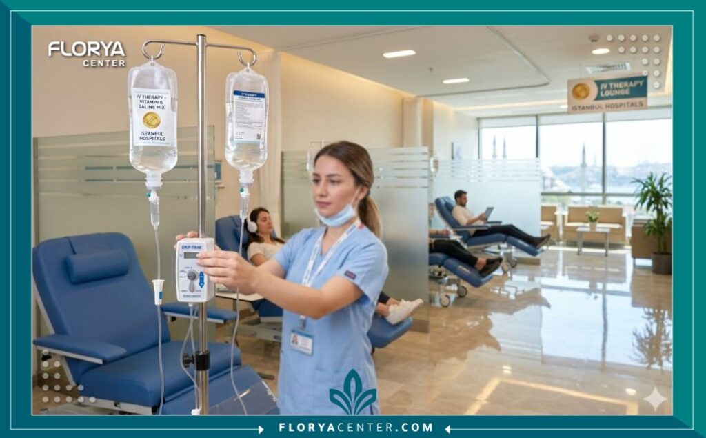 نظرة داخلية لغرفة علاج حديثة ومعقمة لحقن الفيتامينات الوريدية (IV Therapy) في مستشفى معتمد دوليًا في تركيا.