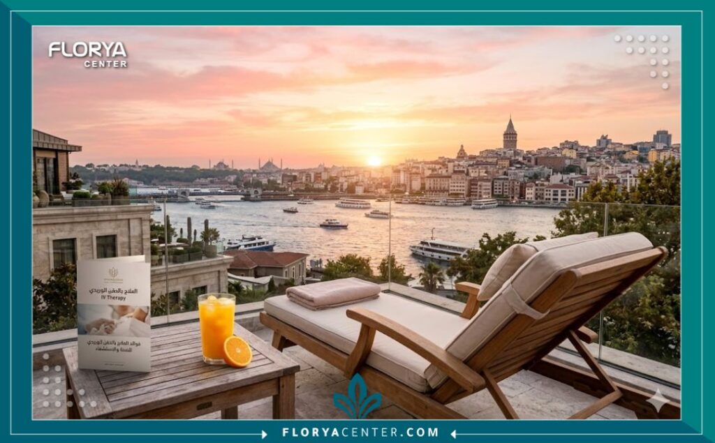 إطلالة صباحية ساحرة على مضيق البوسفور وبرج غالاتا في إسطنبول من شرفة منتجع صحي يقدم خدمات حقن الفيتامينات للسياح.