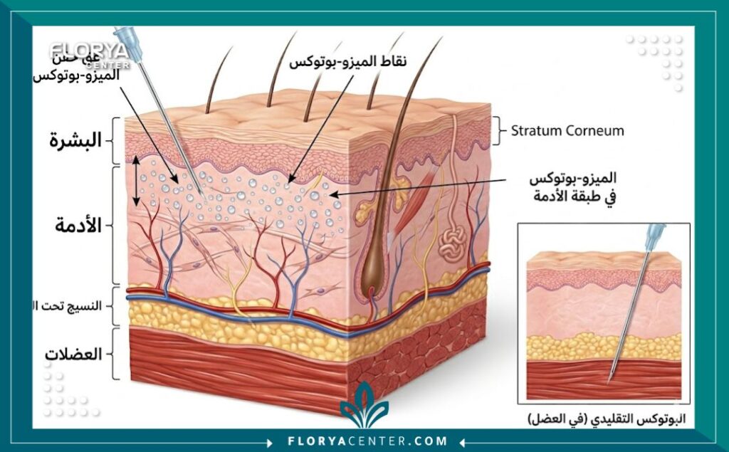 رسم توضيحي طبي يوضح عمق حقن الميزو-بوتوكس في طبقة الأدمة مقارنة بالحقن التقليدي في العضلة.