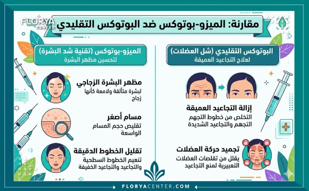 انفوجرافيك يقارن بين فوائد الميزو-بوتوكس لشد سطح البشرة والبوتوكس التقليدي لإزالة التجاعيد العميقة في تركيا.