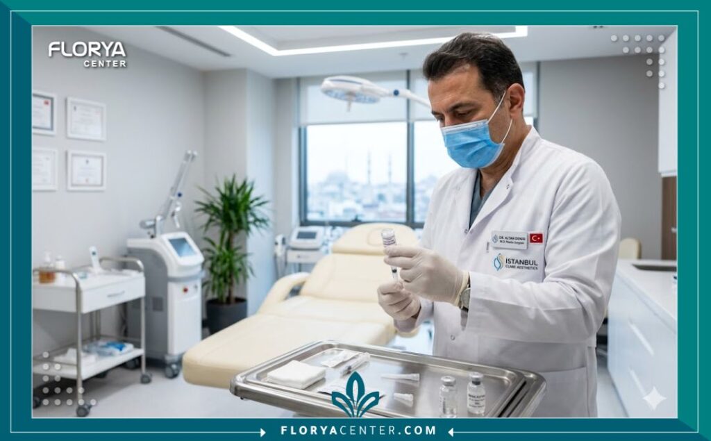 طبيب تجميل تركي يحضر حقن الميزو-بوتوكس في تركيا داخل غرفة علاج معقمة وحديثة في عيادة بإسطنبول.