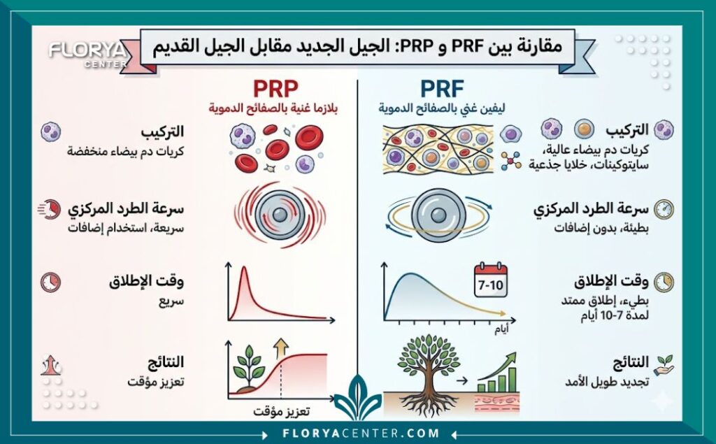 إنفوجرافيك للمقارنة بين البلازما الغنية بالفيبرين (PRF) في تركيا) والبلازما الغنية بالصفائح الدموية (PRP)، يوضح الاختلافات في التركيب وطريقة التحضير ومدة النتائج باللغة العربية.
