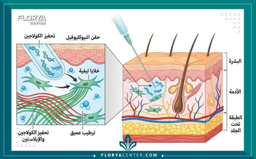 رسم تخطيطي طبي يوضح كيفية عمل حقن النيوكليوفيل (البولينيوكليوتيد) داخل طبقات الجلد لتحفيز الكولاجين والترميم.