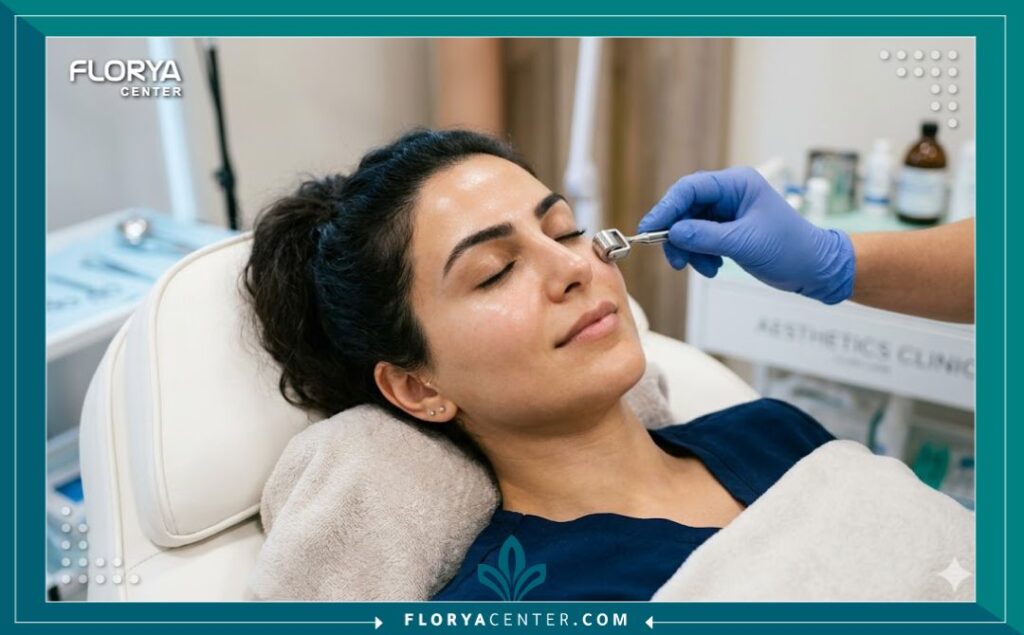 مريضة تسترخي بعد جلسة حقن البلازما الغنية بالصفائح للوجه في اسطنبول، تظهر نضارة البشرة الطبيعية وعلاج منطقة تحت العين.