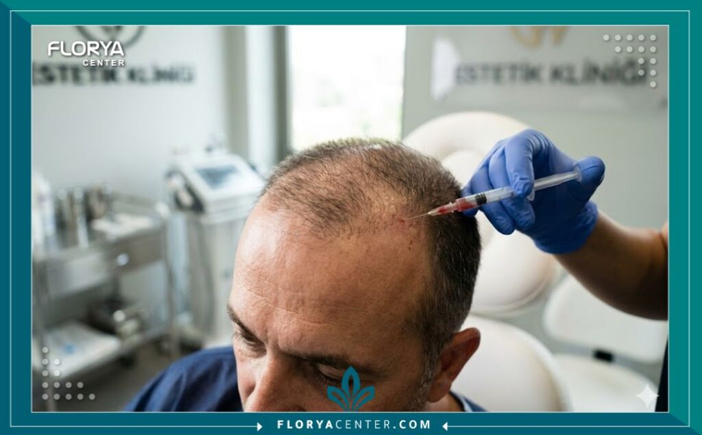 صورة قريبة وجمالية تُركز على حقن الفيبرين الغنية بالبلازما (PRF) في فروة رأس مريض يعاني من تساقط الشعر في عيادة بتركيا.