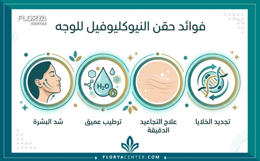 إنفوجرافيك يوضح أبرز فوائد حقن النيوكليوفيل للبشرة بما في ذلك الشد، الترطيب العميق، ومحاربة الشيخوخة.