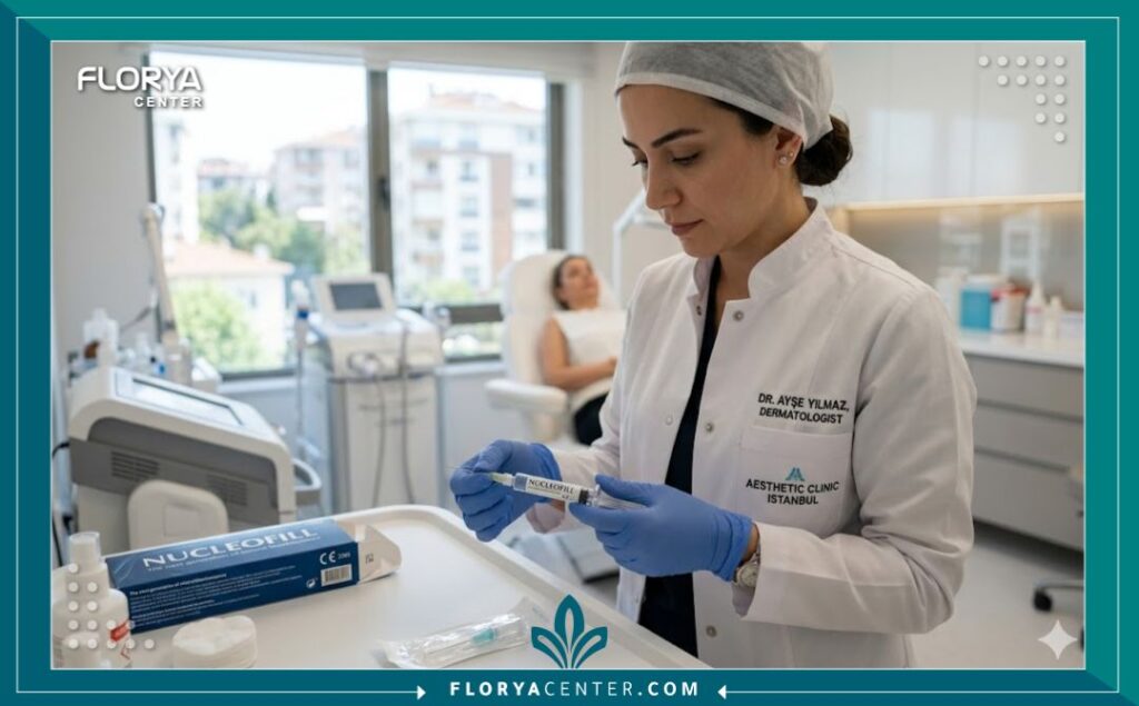 طبيبة تجميل متخصصة تقوم بتحضير إبرة حقن النيوكليوفيل الأصلية داخل غرفة علاج معقمة وحديثة في إسطنبول، تركيا.