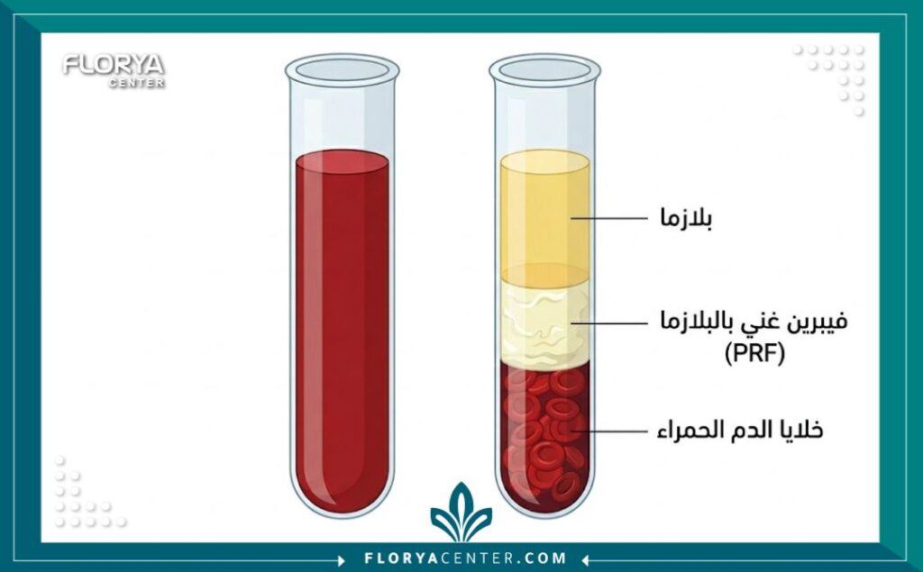 رسم توضيحي طبي يبين عملية فصل مكونات الدم في جهاز الطرد المركزي لاستخلاص طبقة الفيبرين الغنية بالبلازما (PRF) وتسمية الطبقات باللغة العربية.