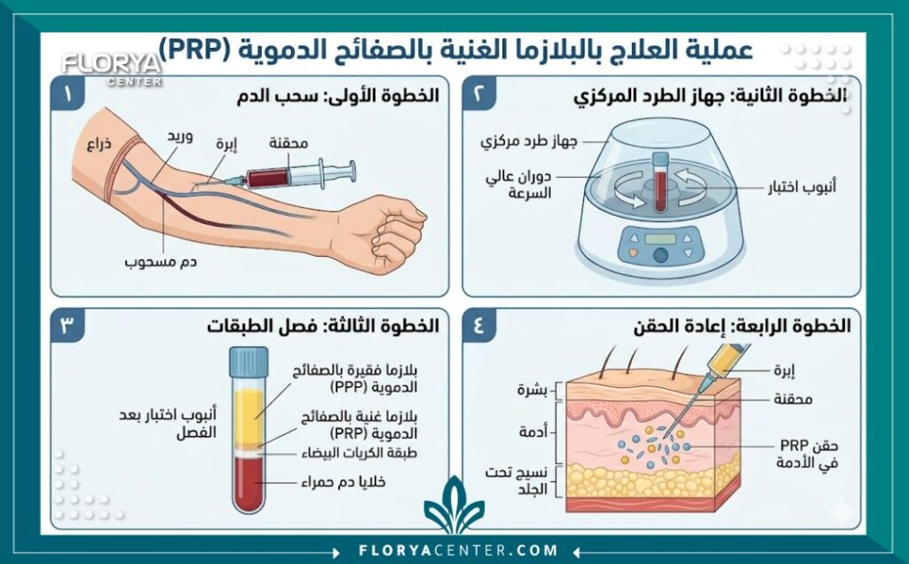 مخطط توضيحي طبي يظهر مراحل استخلاص البلازما الغنية بالصفائح من دم المريض لإعادة حقنها وتجديد الخلايا.