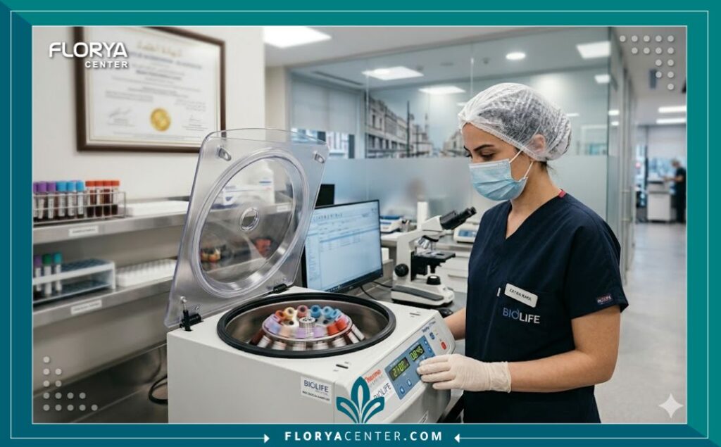 مختبر معتمد داخل مركز تجميل في تركيا يقوم بتجهيز عينات البلازما الغنية بالصفائح (PRP) باستخدام أحدث أجهزة الطرد المركزي.