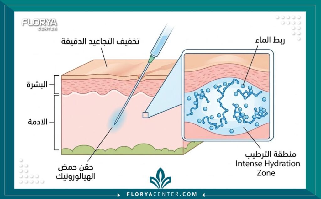 رسم توضيحي طبي يبين تشريح الجلد وكيفية عمل حقن الهيدرو-بوستر في ترطيب البشرة بعمق.