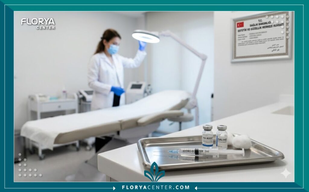 غرفة علاج معقمة ومهنية في عيادة تجميل في اسطنبول تركيا جاهزة لحقن الهيدرو-بوستر.