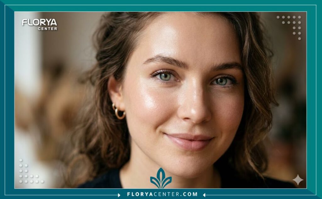 لقطة مقربة لوجه امرأة تظهر نتائج حقن الهيدرو-بوستر: بشرة متوهجة، مشدودة، وخالية من التجاعيد الدقيقة.