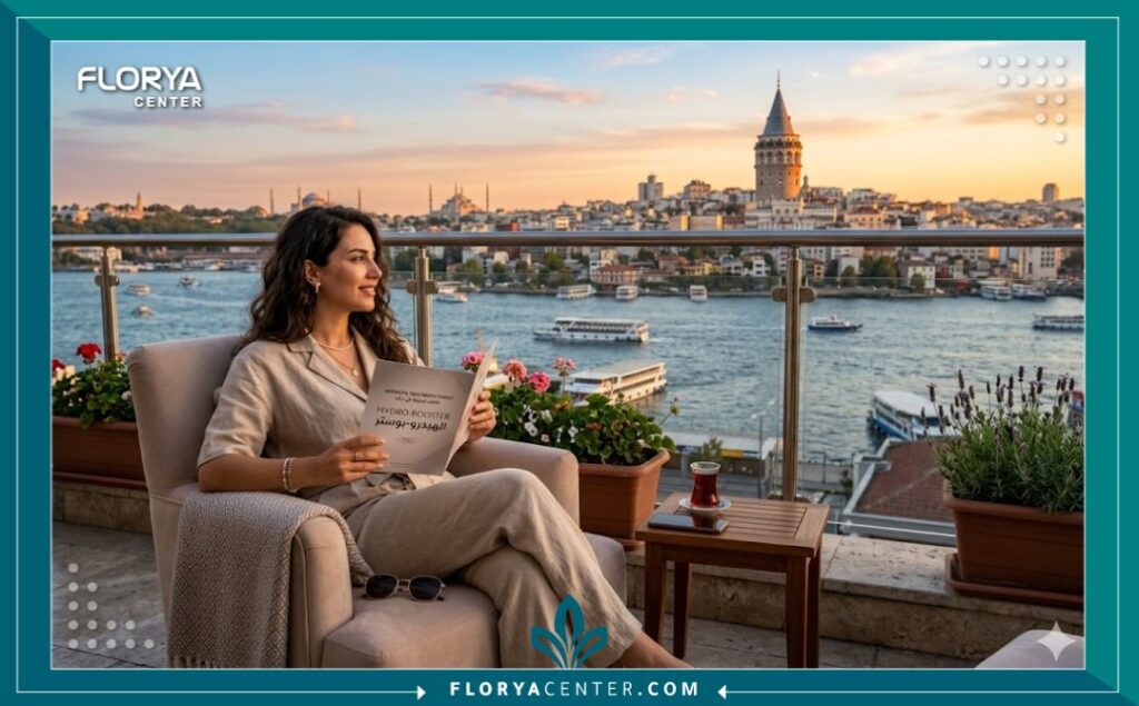 سياحة علاجية في اسطنبول: امرأة تستمتع بمنظر الغروب على البوسفور بعد الانتهاء من جلسة حقن الهيدرو-بوستر في تركيا لتجديد شباب بشرتها.