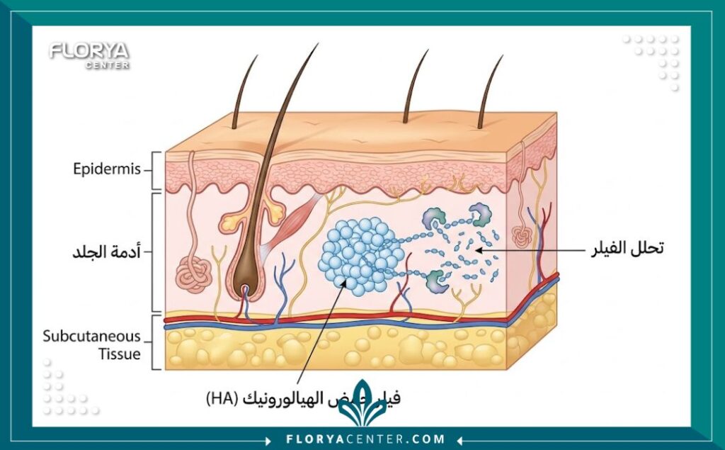 رسم توضيحي طبي يوضح كيف يكسر إنزيم الهيالورونيداز روابط فيلر حمض الهيالورونيك في الجلد