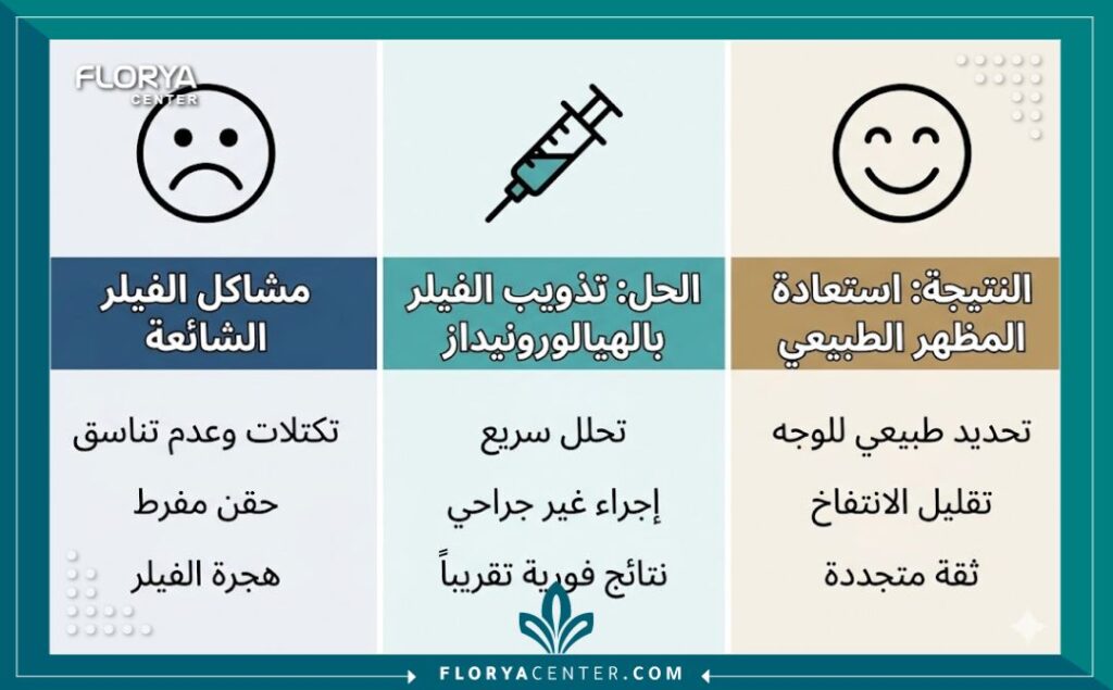 انفوجرافيك يوضح مشاكل الفيلر الشائعة وكيفية حلها عبر حقن تذويب الفيلر في تركيا لاستعادة المظهر الطبيعي