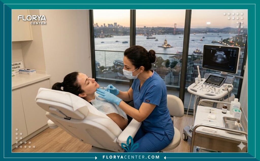 صورة واقعية من داخل عيادة تجميل في اسطنبول أثناء إجراء حقن تذويب الفيلر على يد طبيب مختص