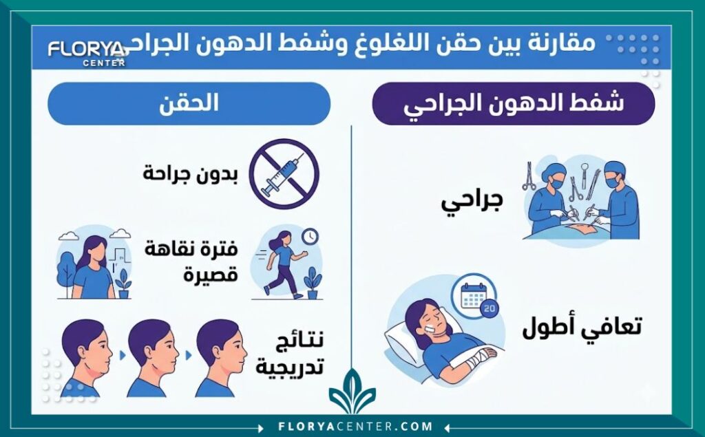 إنفوجرافيك يقارن بين مميزات إبر تكسير دهون اللغلوغ وعملية حقن تذويب دهون اللغلوغ في تركيا.