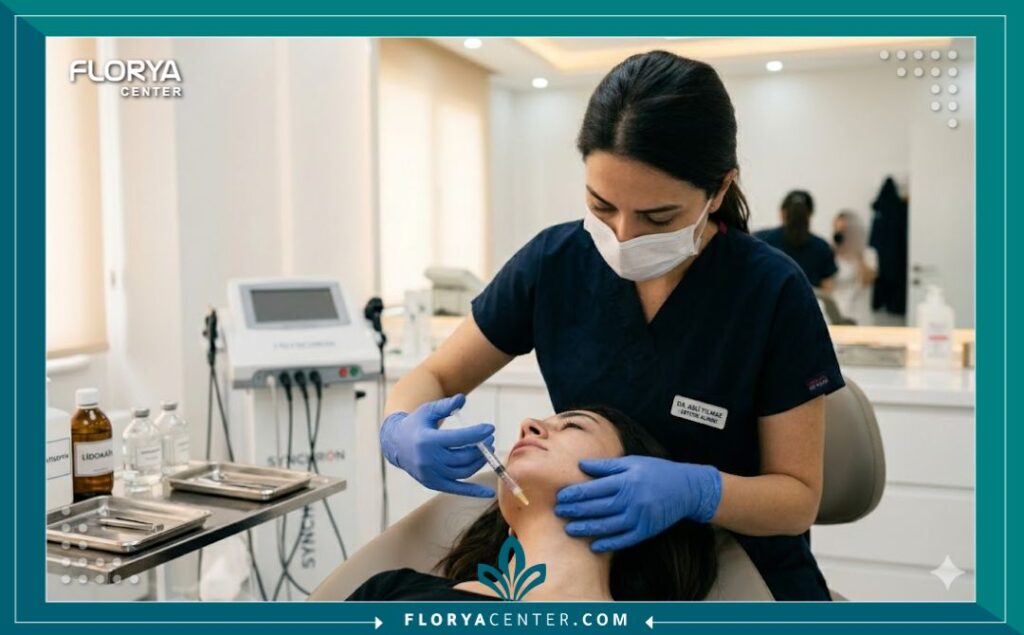 طبيبة جلدية متخصصة تقوم بإجراء حقن تذويب دهون اللغلوغ لمريض داخل عيادة تجميلية معقمة في تركيا.