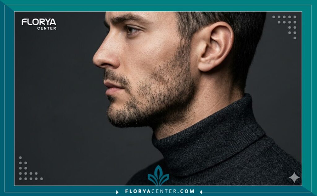 لقطة مقربة تبرز خط الفك المنحوت والذقن المحدد لرجل بعد الحصول على إبر تكسير الدهون للتخلص من اللغلوغ.