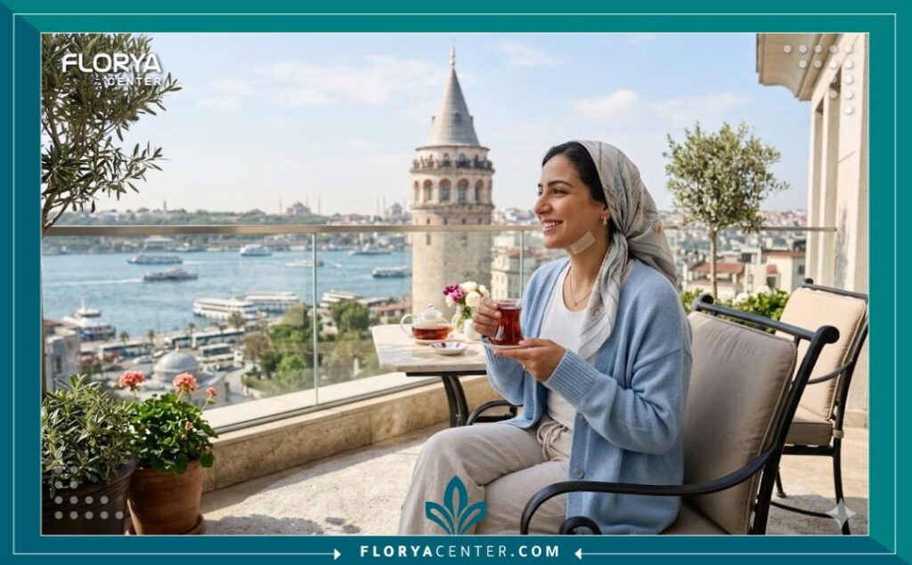 مريضة تستمتع بوقتها في إسطنبول مع إطلالة على مضيق البوسفور وبرج غالاتا بعد إجراء حقن اللغلوغ في تركيا.
