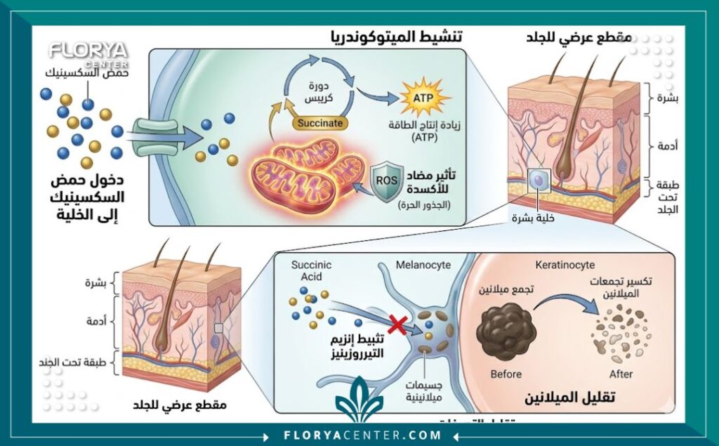 رسم توضيحي طبي يوضح آلية عمل حقن حمض السكسينيك في خلايا البشرة لتقليل التصبغات ومحاربة الأكسدة