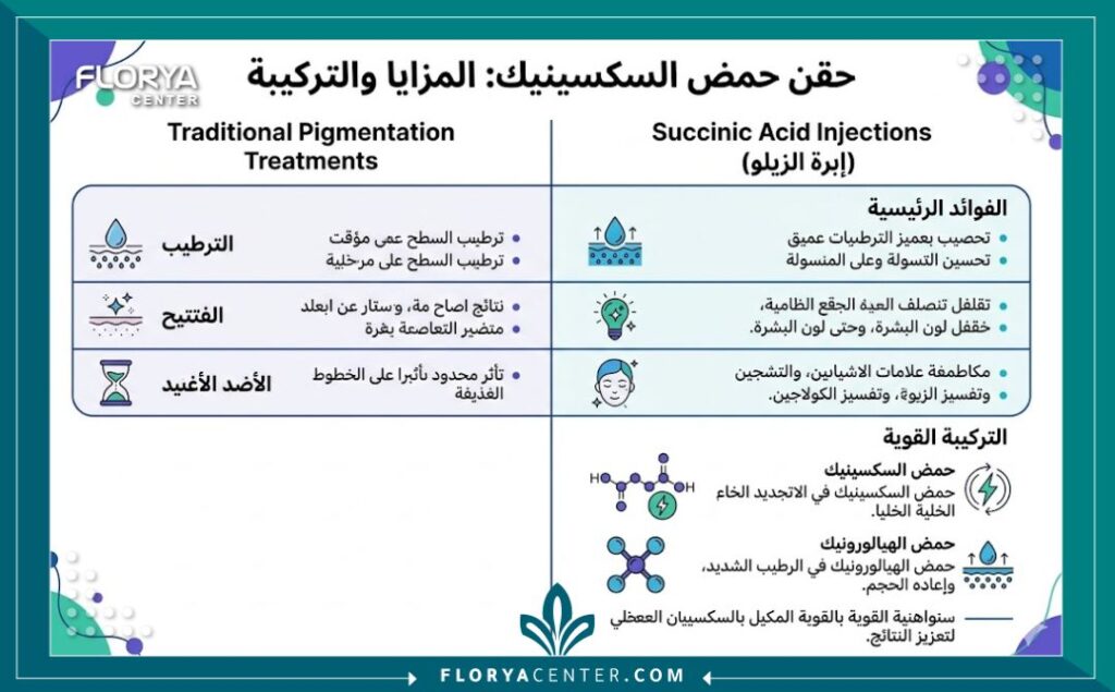 إنفوجرافيك يوضح فوائد وتركيبة حقن حمض السكسينيك مقارنة بالعلاجات التقليدية للتصبغات