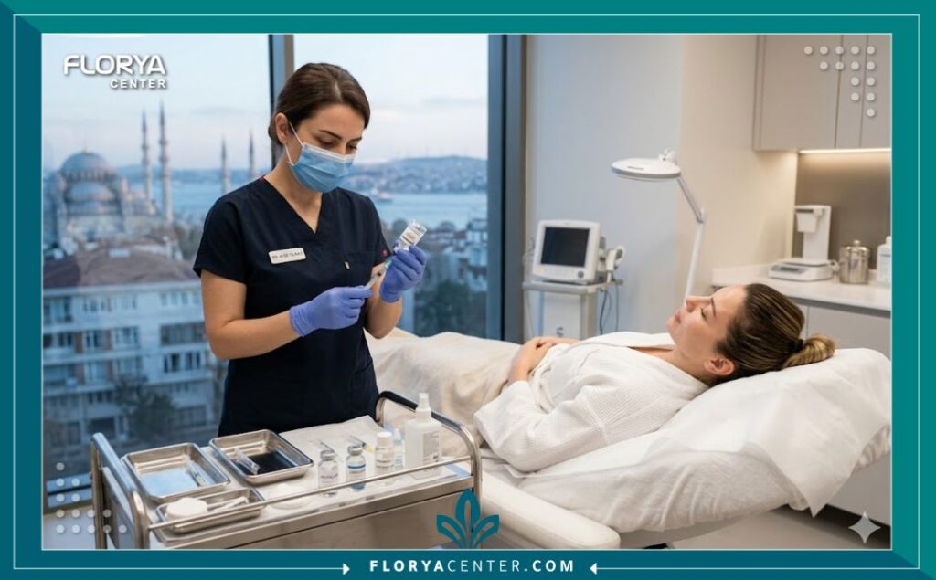 طبيب متخصص يقوم بإعداد حقنة حقن حمض السكسينيك في تركيا في عيادة تجميل حديثة في اسطنبول