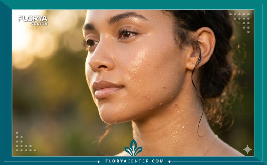 لقطة مقربة تظهر نضارة وتحسن بشرة الوجه والرقبة بعد جلسة حقن حمض السكسينيك في عيادة تركية