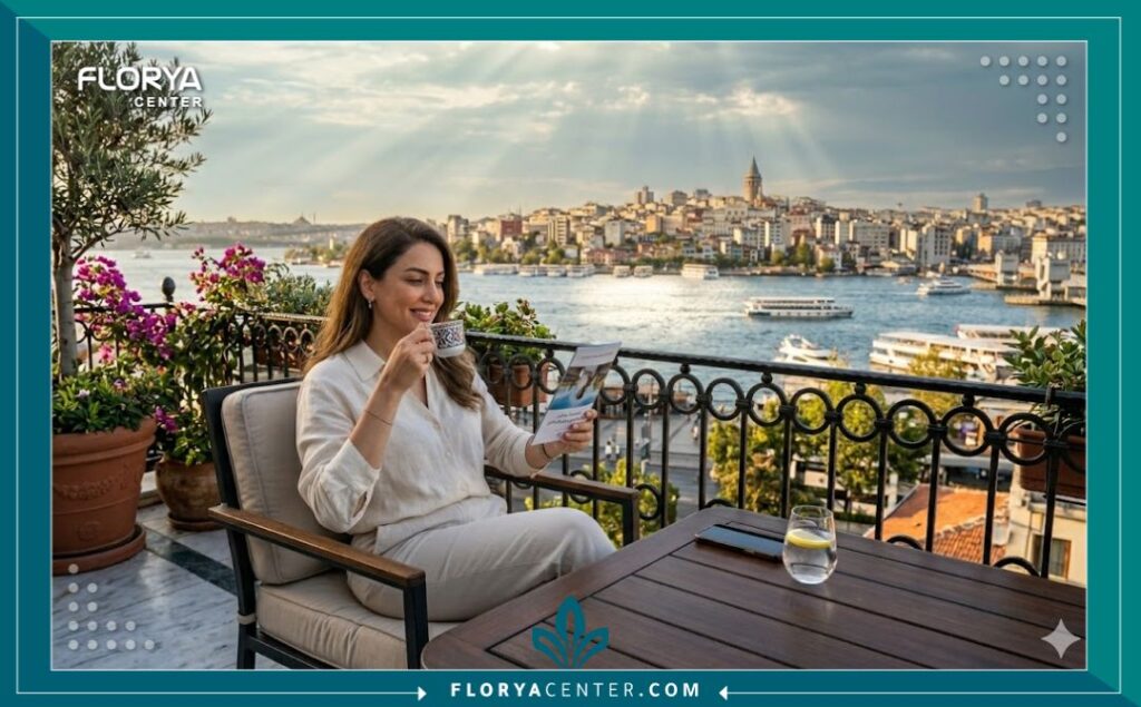 مريضة تسترخي على شرفة تطل على البوسفور في اسطنبول بعد الخضوع لعلاجات البشرة بـ إبرة الزيلو (Xela) حمض السكسينيك