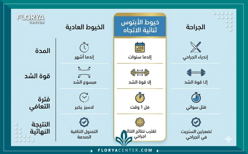 إنفوجرافيك مقارنة يوضح تفوق خيوط الأبتوس ثنائية الاتجاه في تركيا من حيث الثبات والمدة مقارنة بالخيوط الأخرى.