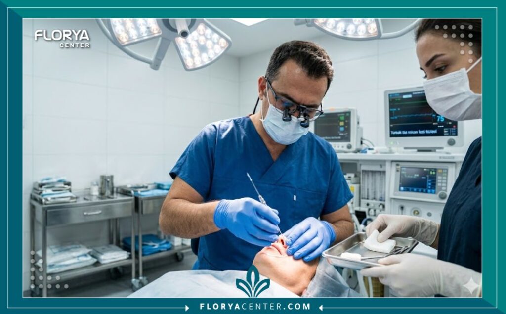 صورة واقعية داخل غرفة عمليات معقمة في تركيا تُظهر طبيب تجميل متخصص يقوم بتركيب خيوط الأبتوس.