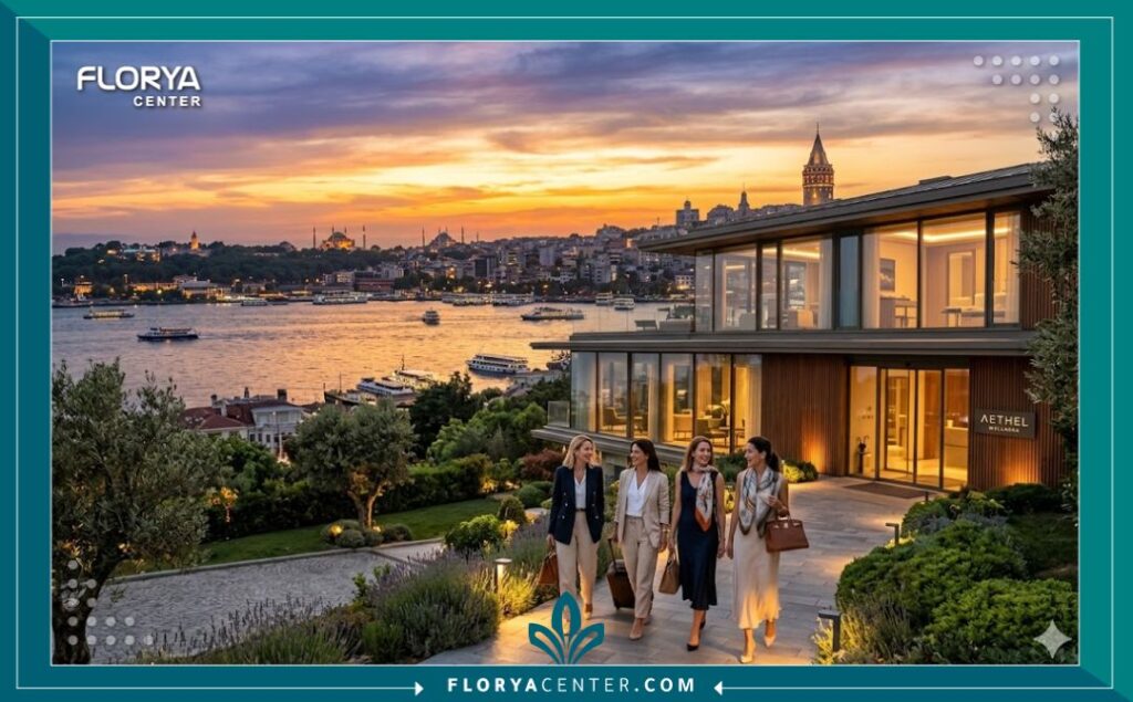 إطلالة بانورامية على مضيق البوسفور في إسطنبول مع عيادة تجميل حديثة، ترمز للسياحة العلاجية لخيوط الأبتوس.