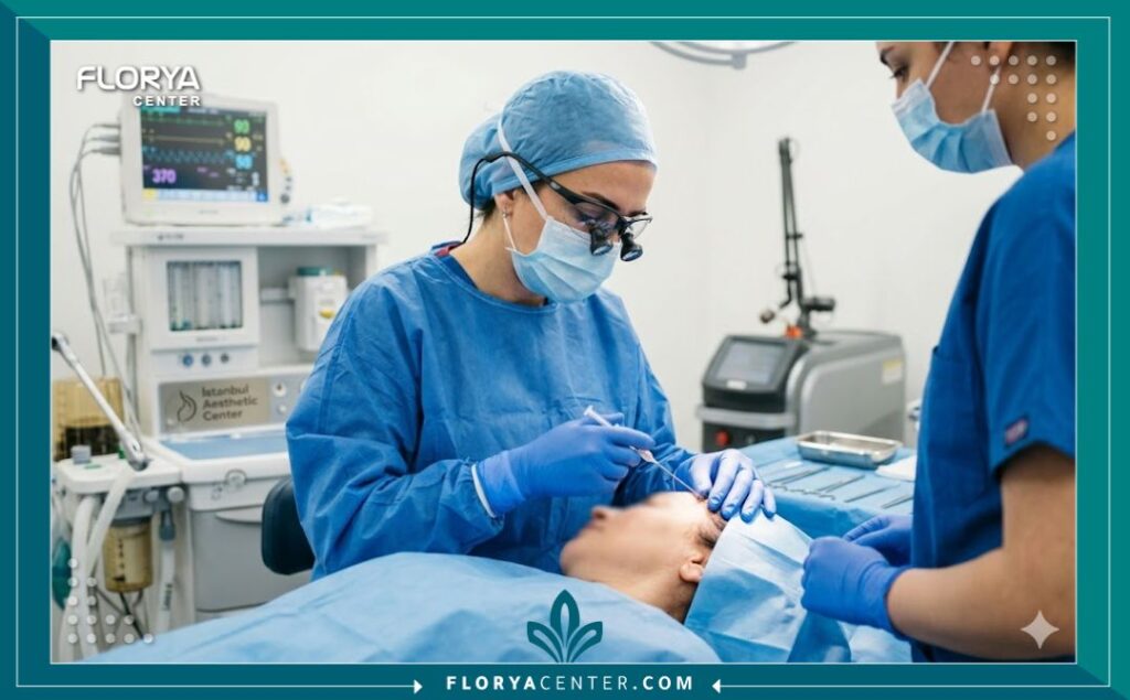 طبيبة تجميل خبيرة تقوم بإجراء عملية شد الوجه باستخدام خيوط الشد العمودي داخل غرفة عمليات معقمة ومجهزة بأحدث التقنيات في عيادة بتركيا.