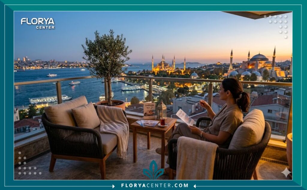 إطلالة بانورامية ساحرة على مضيق البوسفور ومعالم إسطنبول من شرفة عيادة تجميل فاخرة تقدم خدمات خيوط الشد العمودي للسياح العلاجيين.