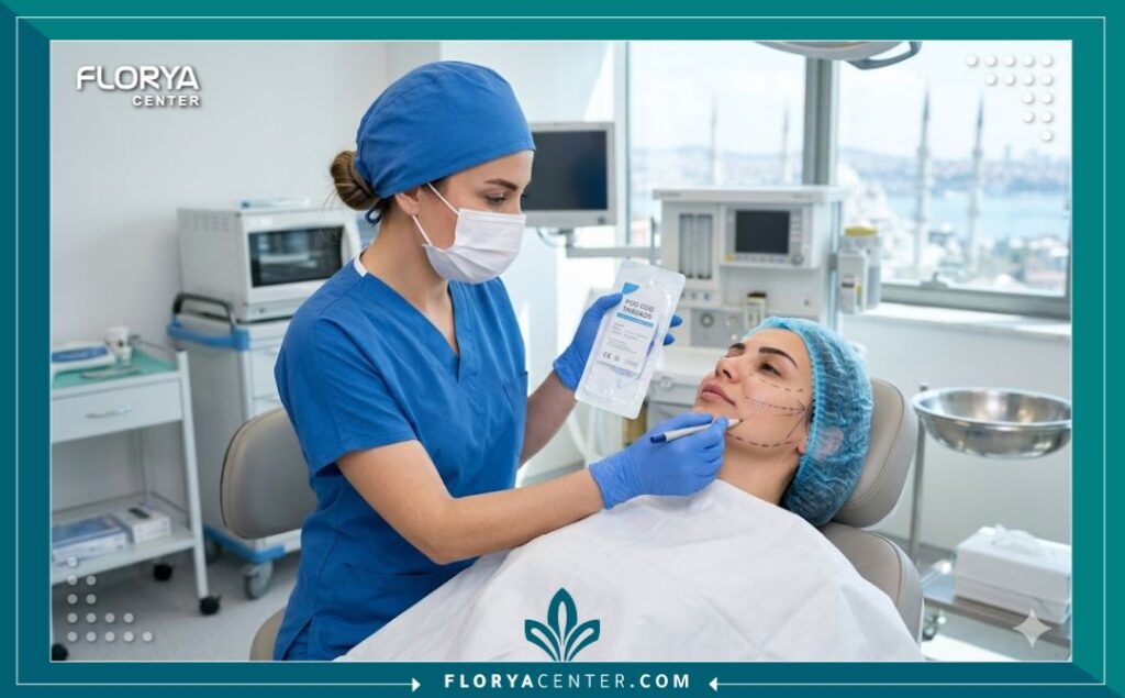 طبيبة تجميل في عيادة معقمة في تركيا تستعد لإجراء عملية شد الوجه باستخدام خيوط الكوج الشائكة لعيّنة من المرضى، تظهر التجهيزات الطبية الاحترافية.