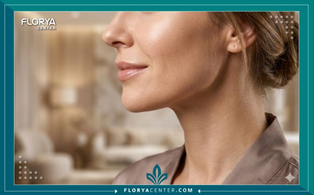 لقطة قريبة لفك ووجه امرأة تظهر التحديد الواضح والشد المثالي بعد خضوعها لشد الجلد بواسطة خيوط الكوج الشائكة في تركيا ذات الخطاطيف القوية.