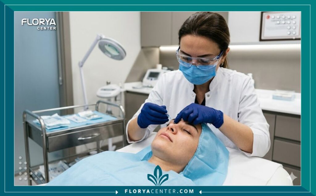 صورة فوتوغرافية واقعية تظهر طبيبة تقوم بإجراء خيوط المونو للنضارة تحت العين لمريض داخل عيادة طبية حديثة ومعقمة في إسطنبول.