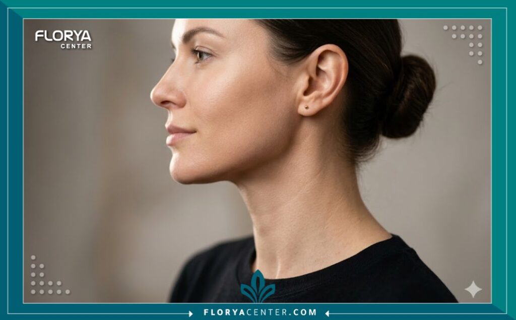 لقطة مقربة تبرز نعومة ومظهر الجلد المشدود في منطقة الرقبة والفك بعد تطبيق خيوط المونو للنضارة، مع إضاءة جمالية.