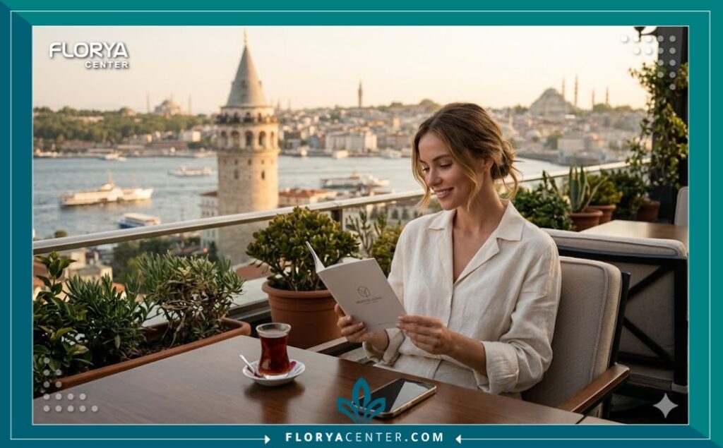 امرأة تستمتع بمنظر المضيق في إسطنبول بعد إجراء خيوط المونو للنضارة، مما يربط بين السياحة العلاجية والرفاهية.