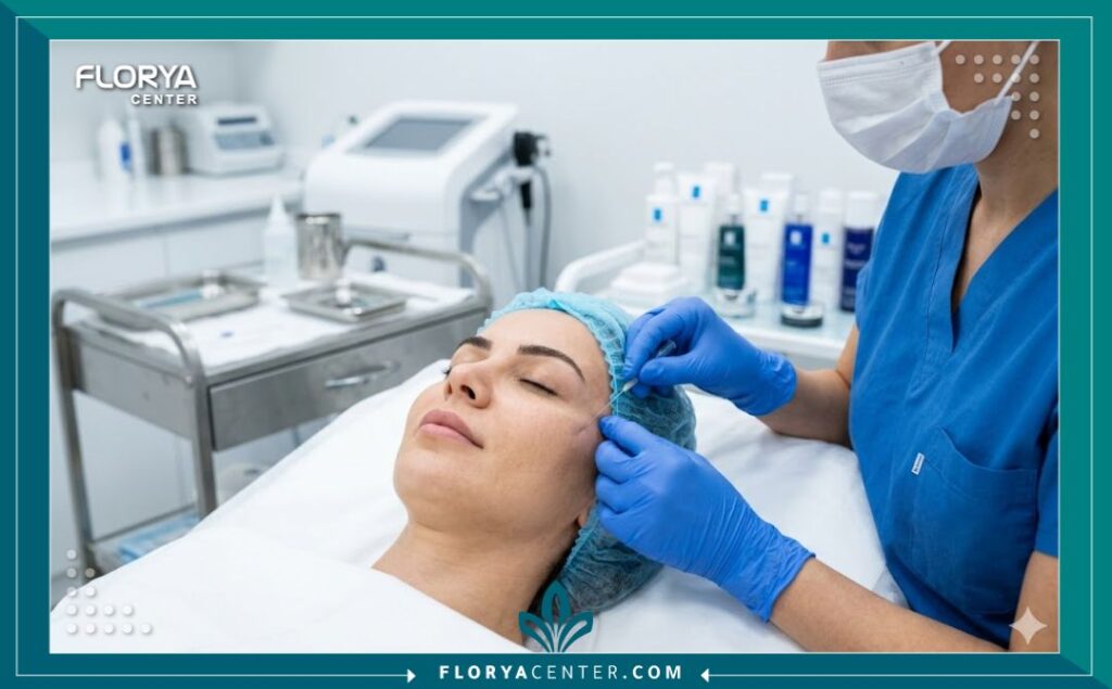 طبيبة تجميل محترفة تقوم بإجراء عملية شد الحواجب بالخيوط للمريضة داخل غرفة علاج معقمة وحديثة في عيادة بإسطنبول.