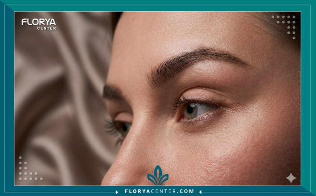 لقطة مقربة (ماكرو) جمالية تركز على زاوية العين المرفوعة وشكل الحاجب بعد شد الخيوط للحصول على "عيون الثعلب" الجذابة.