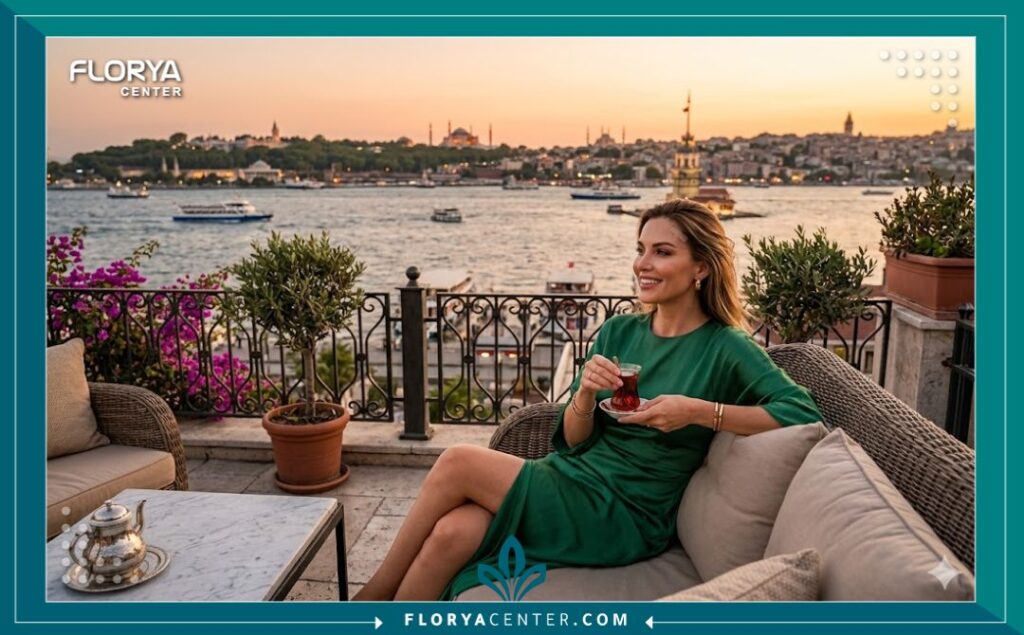 سيدة عربية تستمتع بوقتها على شرفة مطلة على البوسفور في إسطنبول، تظهر نتيجة شد الحواجب بالخيوط الناجحة ضمن رحلة سياحة علاجبة في تركيا.