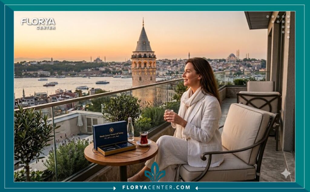 مشهد بانورامي لبرج غالاتا في إسطنبول من شرفة عيادة تجميل، يرمز لتجربة السياحة العلاجية لعملية خيوط رفع زوايا الفم في تركيا