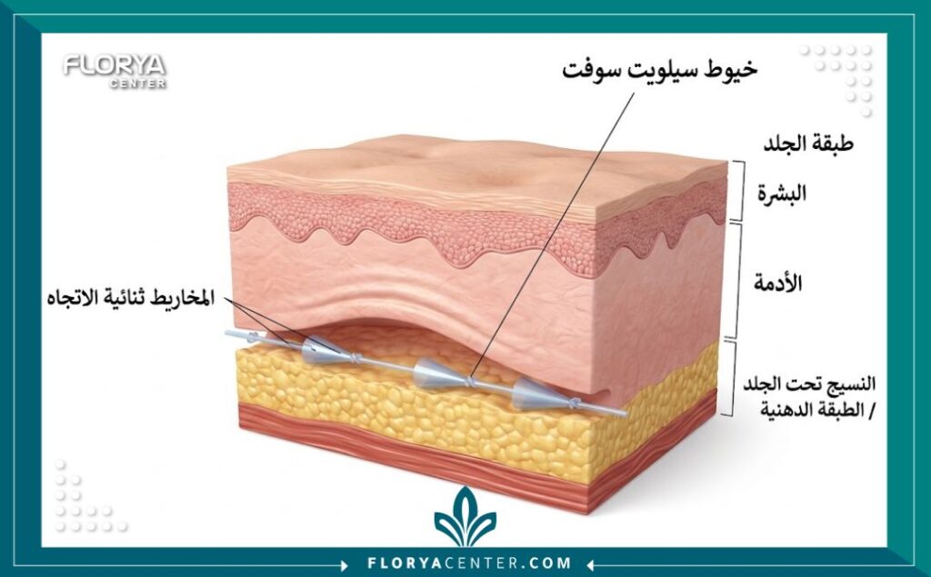 رسم تخطيطي طبي يوضح كيفية عمل مخاريط خيوط سيلويت سوفت الأمريكية داخل طبقات الجلد لشد الوجه.